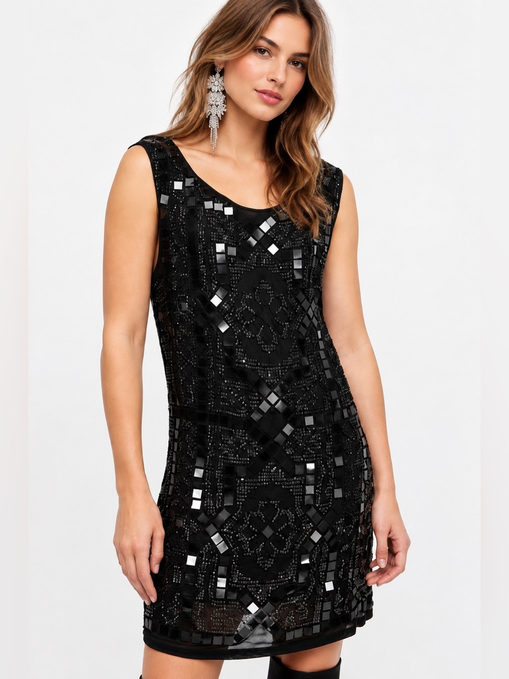 Free People Speak Easy Beaded Sequin Open Back Mini Dress Black NYE Size 4 NWT